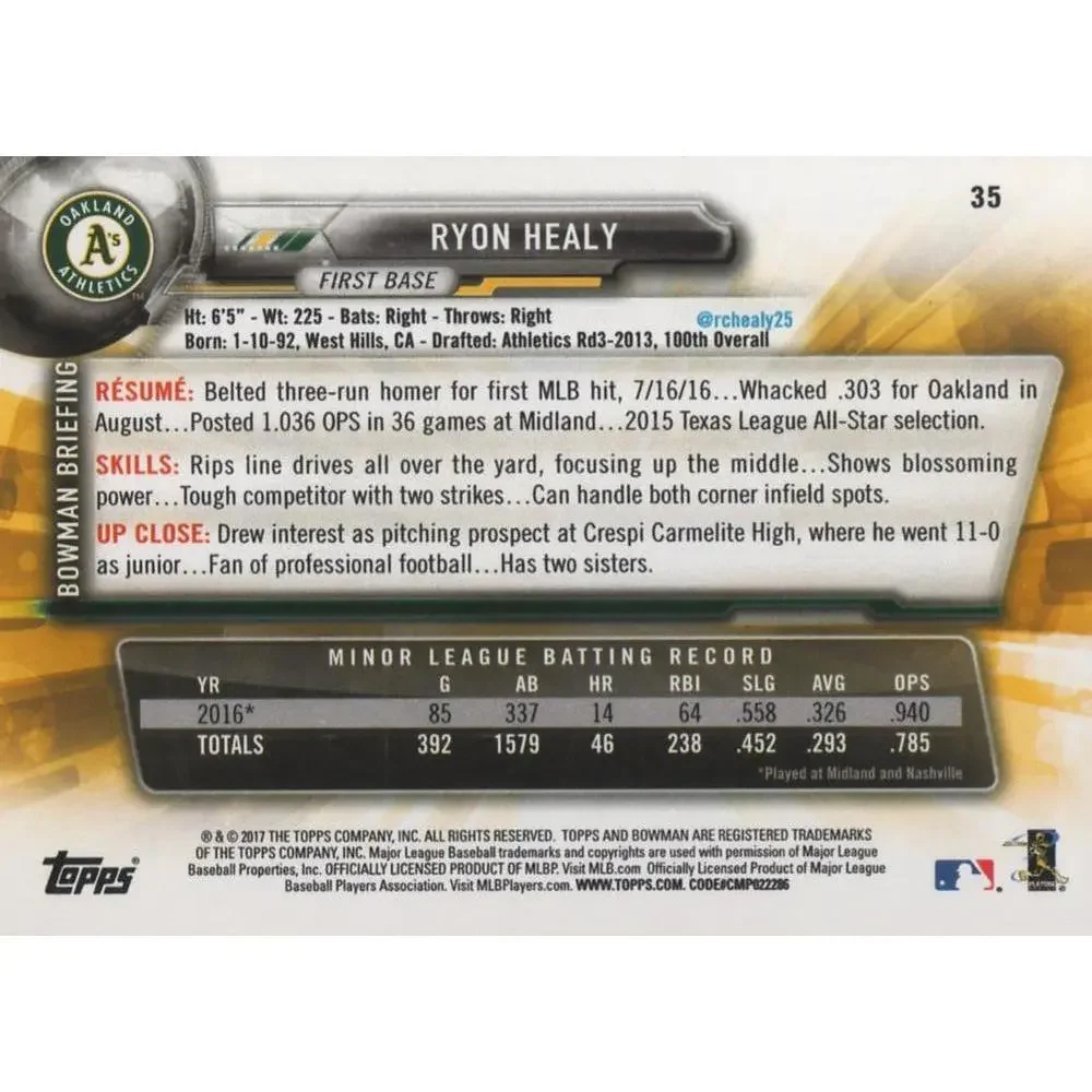 2017 Bowman Ryon HealyÂ  RC # 35 Oakland Athletics